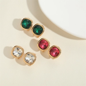 Detailed view of square multi-color crystal stud earrings with gold plating
