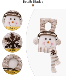 Detailed view of plush snowman Christmas door hanger with knitted hat and scarf features