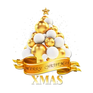 Golden and white balloon Christmas tree with star topper and Merry Christmas lettering