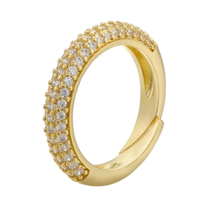Detail of adjustable gold ring featuring triple-row micro-pave cubic zirconia crystals