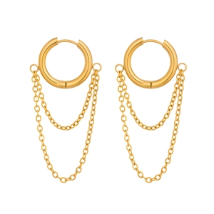 Polished 18K gold plated double layer chain fringe hoop earrings for women on white background