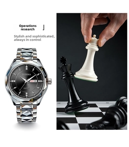 Detail of quartz watch with day-date display and black dial with diamond-like markers