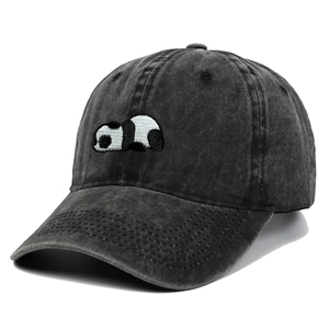 Washed charcoal baseball cap with a small panda embroidery and curved brim for outdoor wear