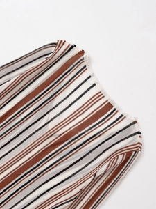 Detail of multi-color striped linen blend knit top with a refined seamless neckline finish
