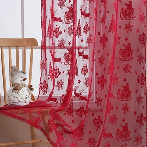 Rideau de Noël en dentelle rouge avec motifs Père Noël, rennes et flocons de neige
