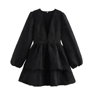 Französisches Minikleid Mit V-Ausschnitt Und Langen Ärmeln Elegantes Jacquard-Stufenkleid Hohe Taille Damen