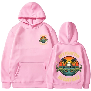 Pink Alligator Alcatraz hoodie with front pocket and back graphic print on white background