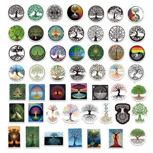 Detailed grid showing diverse artistic Tree of Life waterproof stickers for laptops and gear