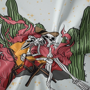 Détail d'une tapisserie bohème avec squelette, cactus et impression d'art rétro