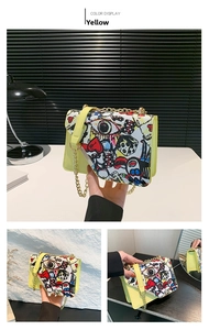 Detail view of yellow crossbody bag with graffiti print and gold chain strap in multi-angle shot