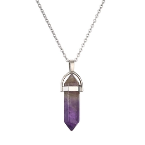 Natural hexagonal purple crystal column pendant necklace with stainless steel chain
