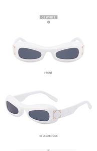 Front and 45-degree side views of white oval Y2K sunglasses with metallic details