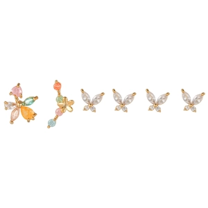 6-piece geometric stud earring set with colorful zircon butterflies and flowers
