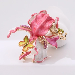 Luxurious enamel iris flower brooch with yellow butterfly and gold elf fairy accessory