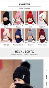 Detail of knit hat and scarf set with faux fur pompom in eight different colors