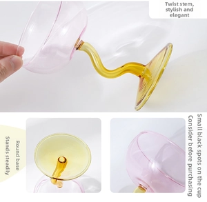 Detail of artistic pink glass cup with yellow wavy stem and sturdy round base