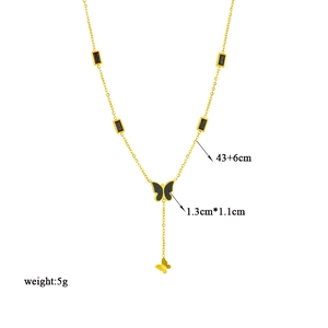 Y-shaped titanium steel necklace with black butterfly pendants and rectangular accents