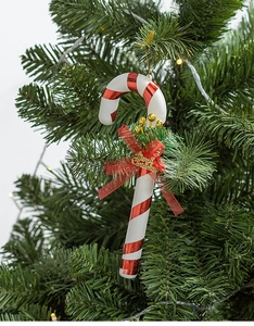 Close-up of a 30cm red and white candy cane ornament with a gold Merry Christmas sign