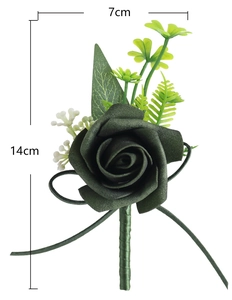 Detailed view of dark green PE rose boutonniere with size labels 14cm by 7cm