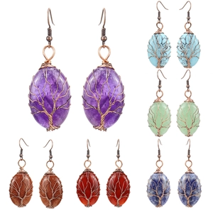 Tree Of Life Dangle Earrings Handmade Antique Copper Wire Wrapped Natural Stone Bohemian Retro Ethnic Style For Women