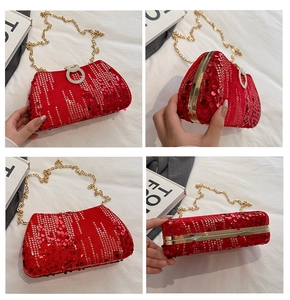 Macro detail of red sequin clutch bag with gold rhinestone clasp and chain strap