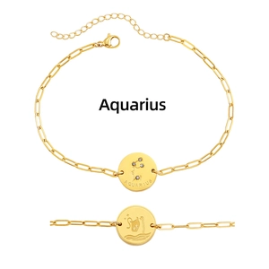 Detailed view of 18K gold plated stainless steel Aquarius zodiac coin pendant bracelet