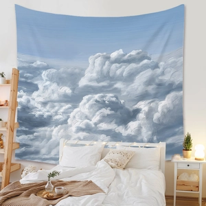 Scenic oil painting style tapestry with blue sky and clouds in a bedroom setting
