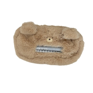 Cute brown plush bear pencil case with large capacity and embroidered details for students