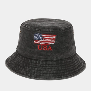 Bob vintage en coton noir délavé avec broderie du drapeau américain et logo USA