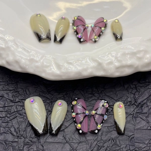 Handmade Press On Nails Long Coffin Punk Butterfly Rhinestone Glitter French Tip Spicy Girl Style Luxury Fake Nails