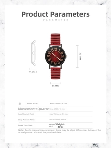 Detailed size chart for women's quartz watch with red gradient dial and elastic band