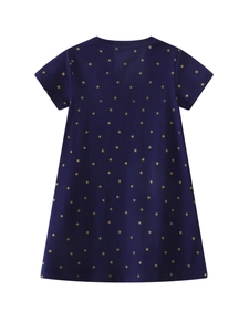 Dark blue short sleeve girls dress with golden stars and embroidered unicorn pattern