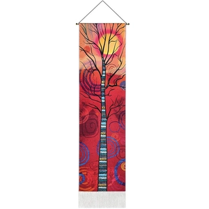 Nordic Tree of Life tapestry wall hanging with abstract red and blue art and white tassels