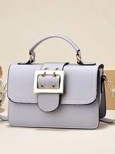 Elegant lavender faux leather small square handbag with decorative gold metal buckle