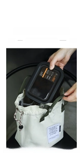 Detail showing high capacity lunch bag with 630ml meal box inside and drawstring