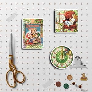 Detail of Alice in Wonderland Christmas stickers on pegboard with retro craft tools
