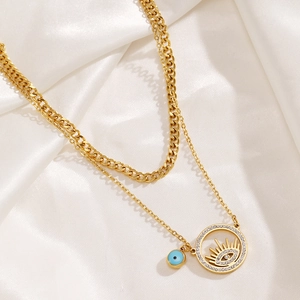 Collier double couche en acier doré avec pendentif œil protecteur et cristaux