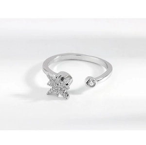 Macro view of silver adjustable ring featuring a rotating zircon star and round diamond