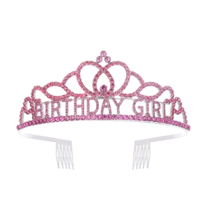 Pink rhinestone birthday girl princess crown tiara with silver metal combs for kids party