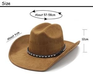 Tableau des tailles détaillé pour chapeau de cowboy marron en suédine avec mesures