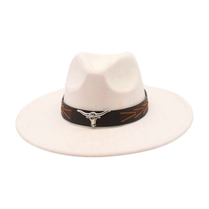 Detail of cream felt cowboy hat with leather band and silver bull head metal emblem
