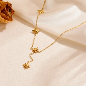 Women Fashion Stainless Steel Star Tassel Y-Shaped Necklace Elegant Gold Plated Pave Rhinestone Clavicle Chain Jewelry