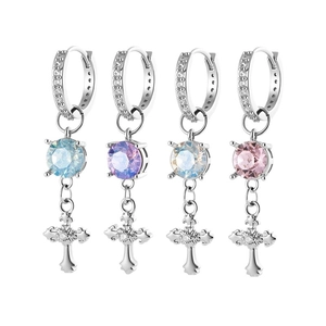 Silver hoop earrings with sparkling stones and dangling iris cross pendants in four colors