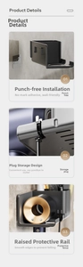 Detail view of wall-mounted hair dryer holder with plug hook and protective U-shaped rail