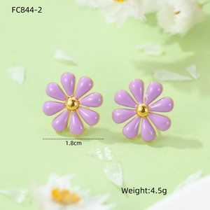 Detailed view of purple daisy earrings in stainless steel showing size 1.8cm and 4.5g weight