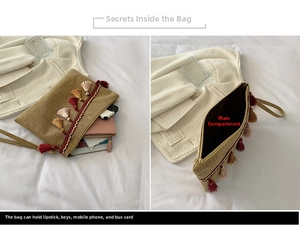 Detailed interior of woven straw envelope clutch bag with tassel and zipper closure