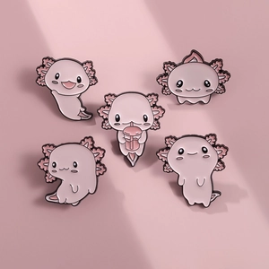 Set of five cute pink axolotl enamel pins showing various expressions and poses