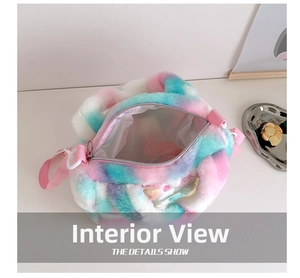 Top view of plush unicorn bag interior showing spacious lining and zip closure