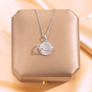 Planet Pendant Necklace Stainless Steel With White Cat's Eye Stone And Zircon Saturn Star Clavicle Chain Jewelry For Women