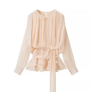 Élégante blouse à manches longues avec volants et lien à la taille en couleur abricot
